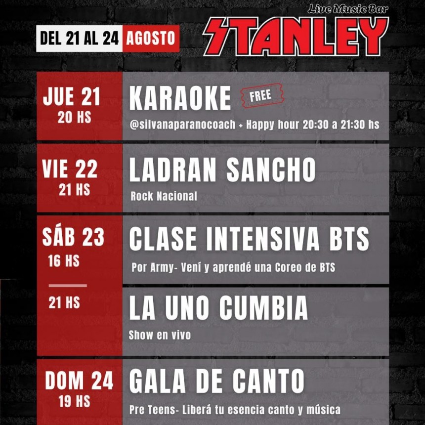 Programaci&oacute;n de STANLEY BAR para esta semana