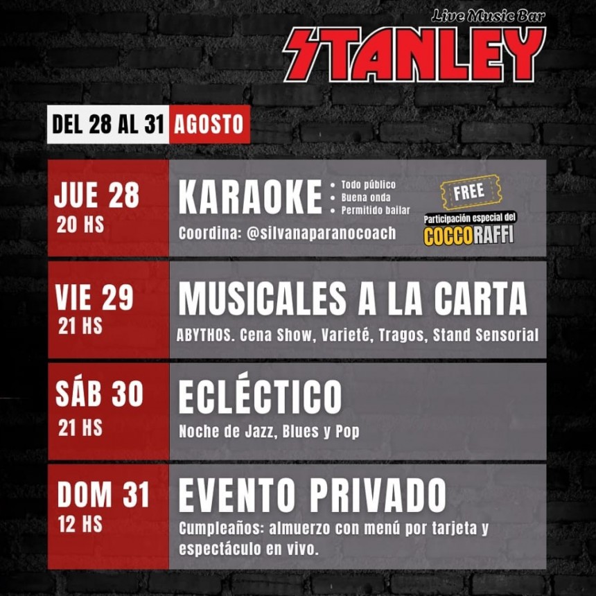 Programaci&oacute;n de Stanley Bar del 28/8 al 31/8