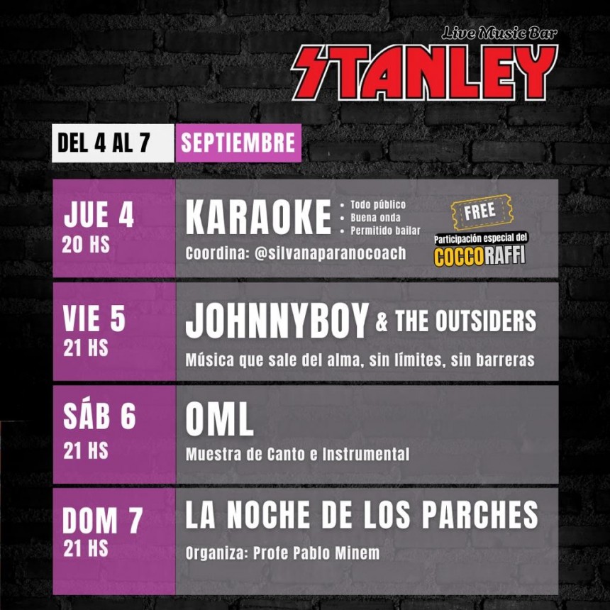 Programaci&oacute;n de Stanley Bar del 4/9 al 7/9