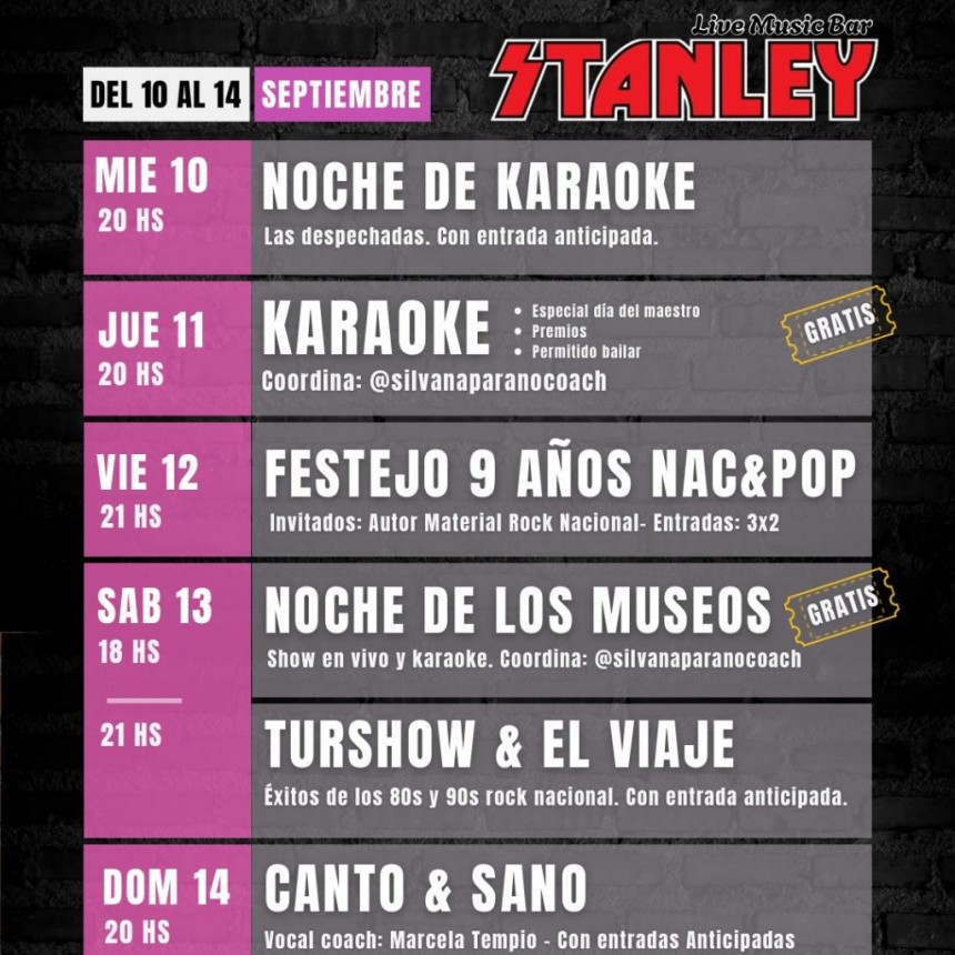 Cartelera de Stanley Bar: del 10 al 14 viv&iacute; una semana a puro karaoke, rock y shows en vivo �&rdquo;�