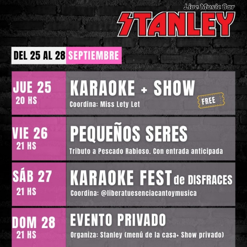 Programaci&oacute;n de Stanley Bar del 25/9 al 28/9