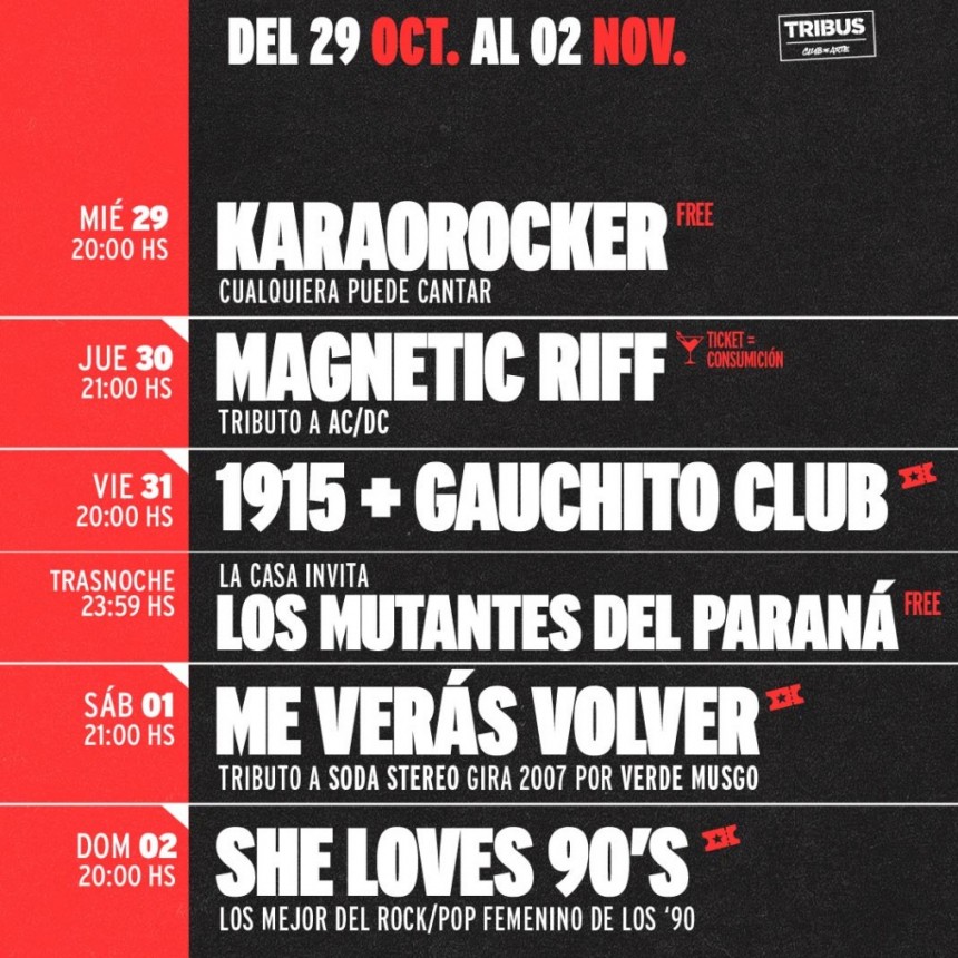 AGENDA SEMANAL DE TRIBUS CLUB DE ARTE DEL 29/10 AL 2/11