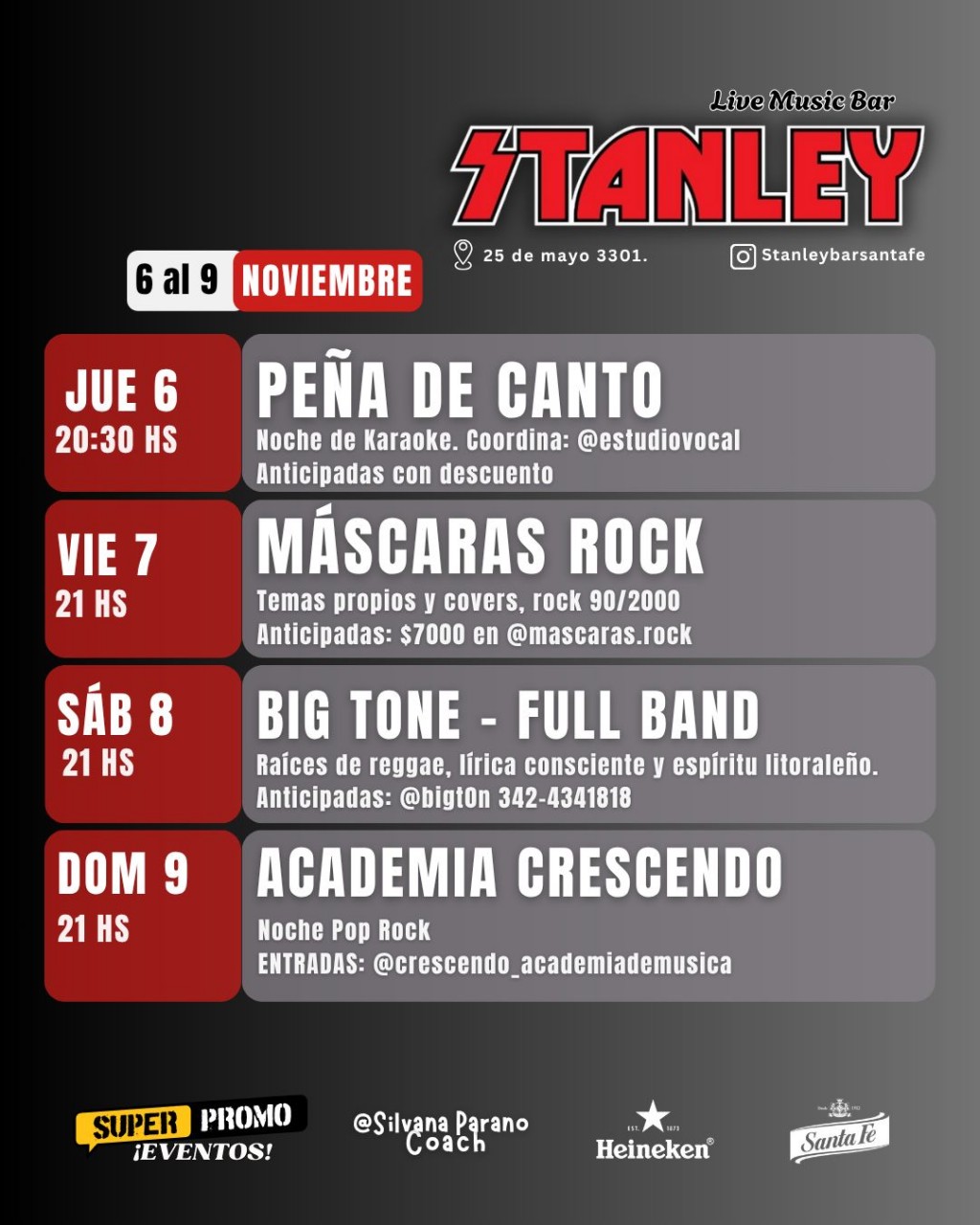 ¡AGENDA DE MÚSICA EN VIVO EN STANLEY! 🗓 Del Jueves 6/11 al Domingo 9/11