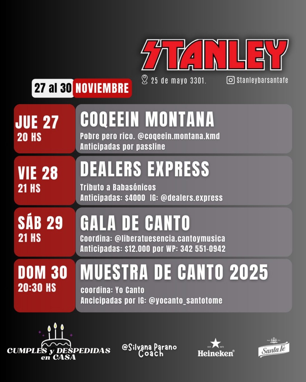 🎸🔥 SEMANA EXPLOSIVA EN STANLEY del 27/11 al 30/11🔥🎤