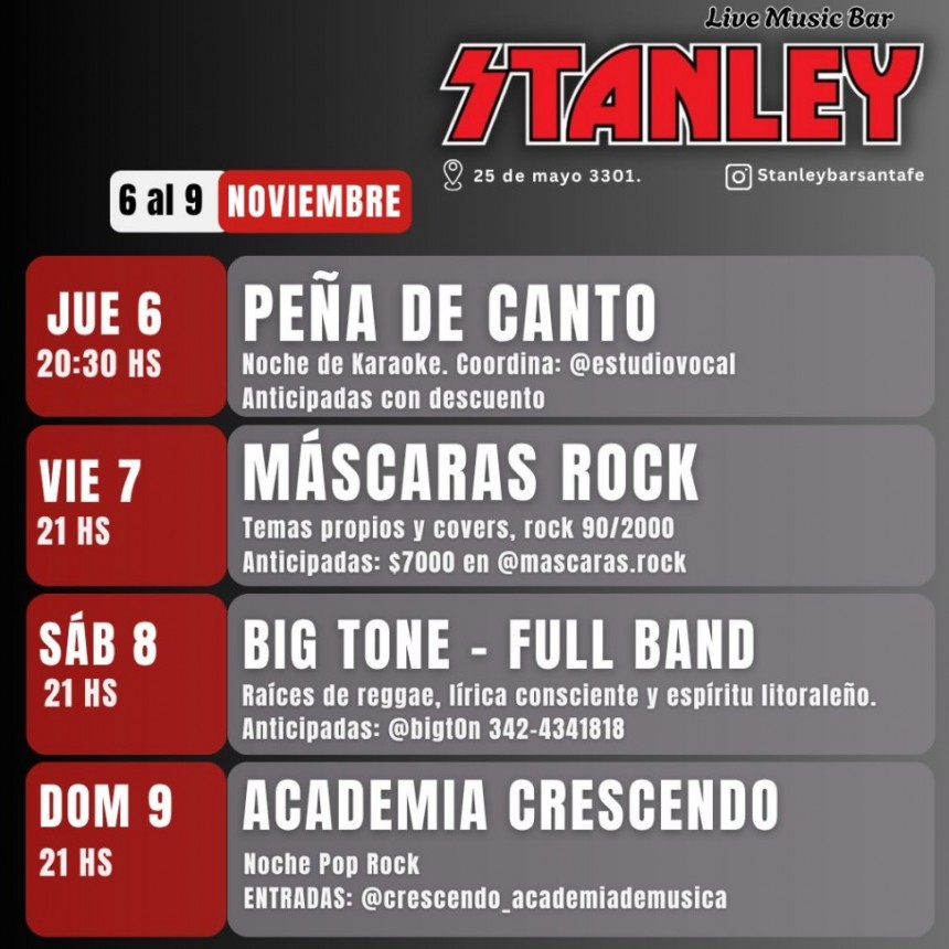 ¡AGENDA DE MÚSICA EN VIVO EN STANLEY! 🗓 Del Jueves 6/11 al Domingo 9/11