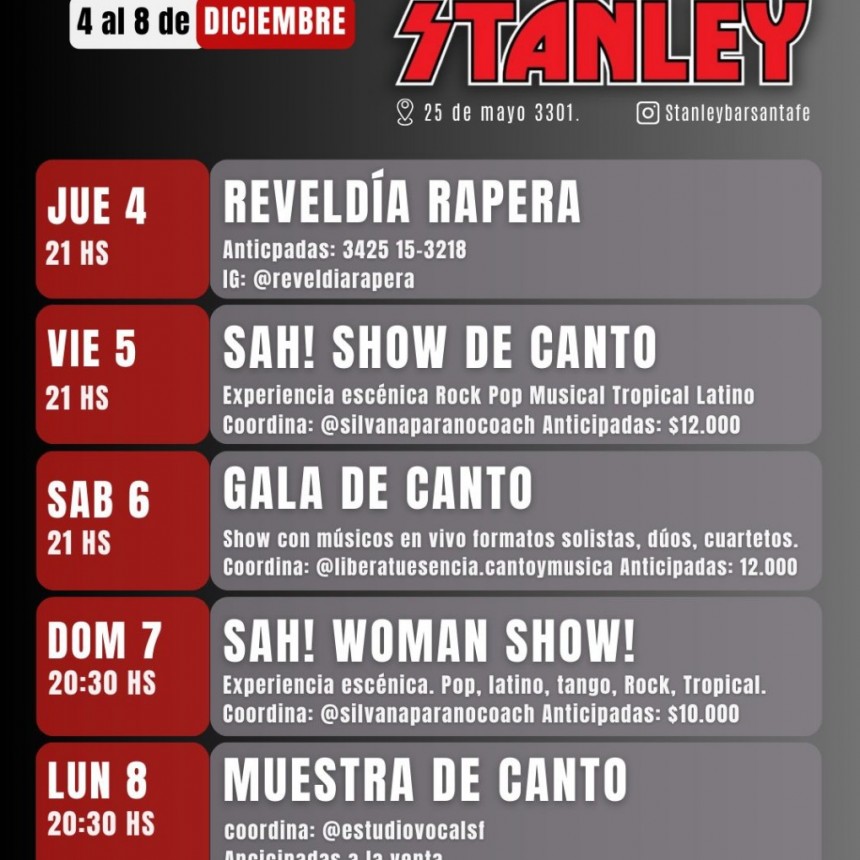 Programación de Stanley del 4/12 al 8/12